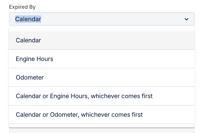Expired By dropdown showing Calendar, Engine Hours, Odometer, and combination options