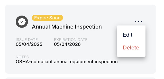 Warranty card with Edit and Delete menu