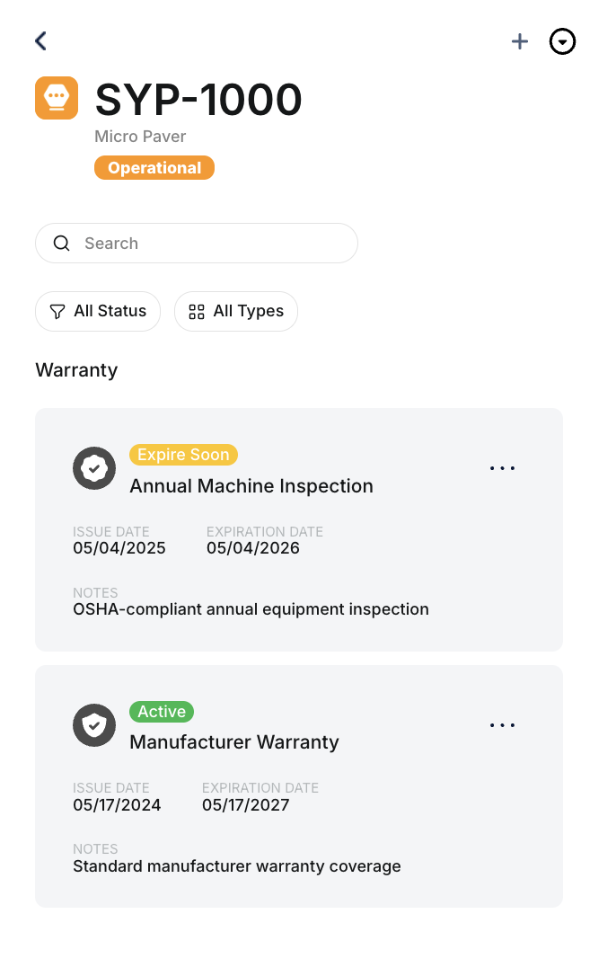 Asset warranty section showing warranty cards with status badges