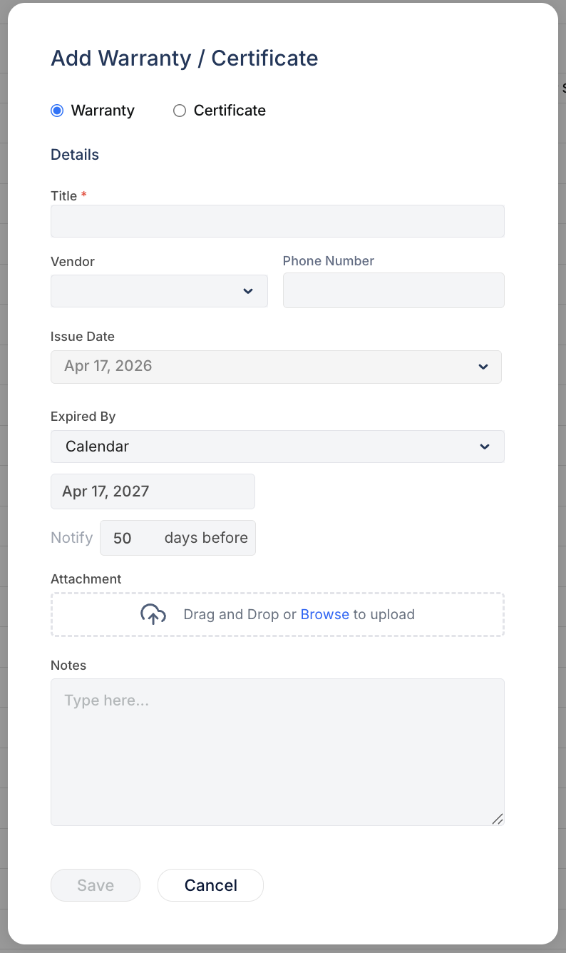 Add Warranty form with title, vendor, dates, and expiration settings