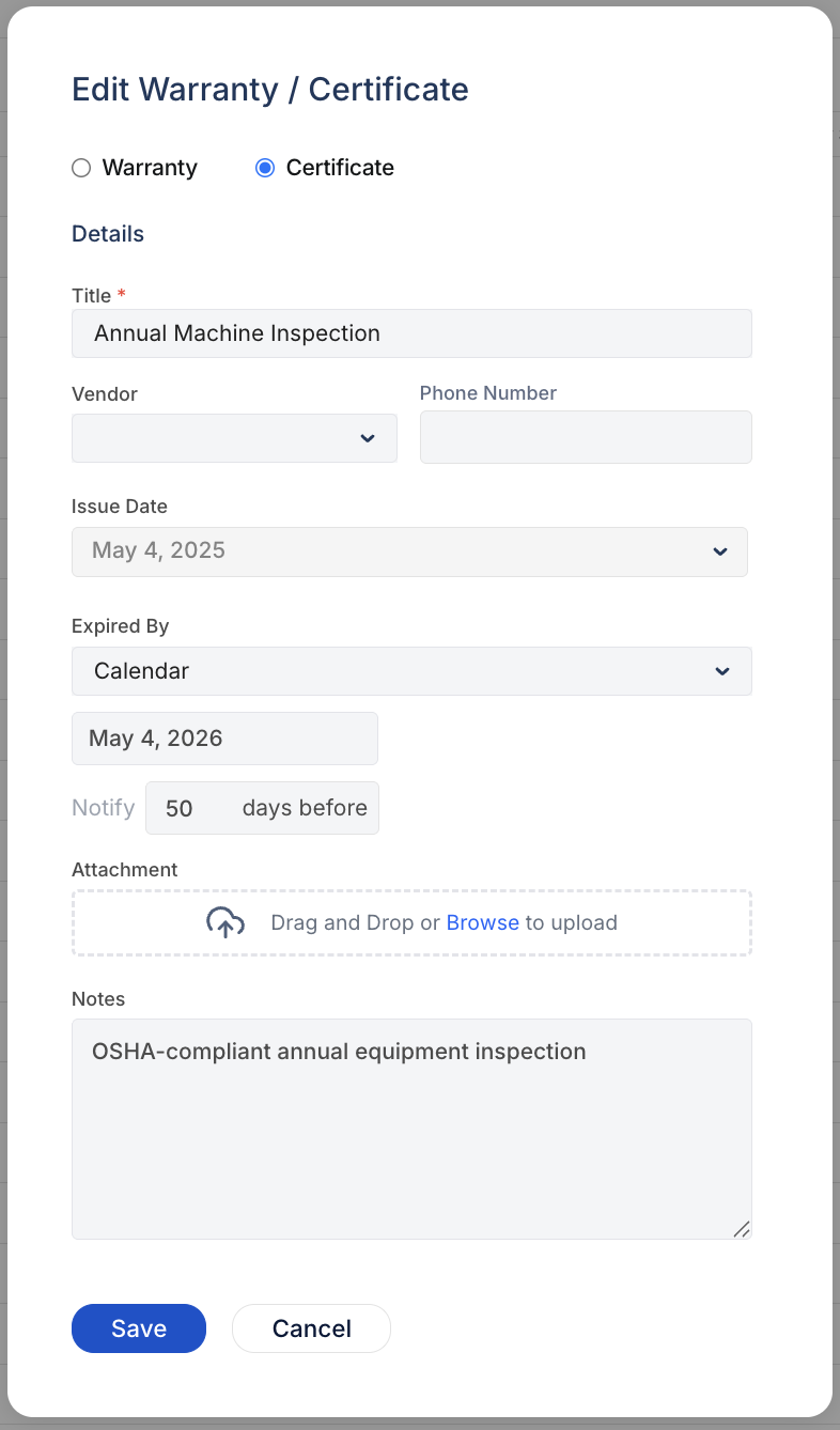 Edit warranty form with Certificate type selected