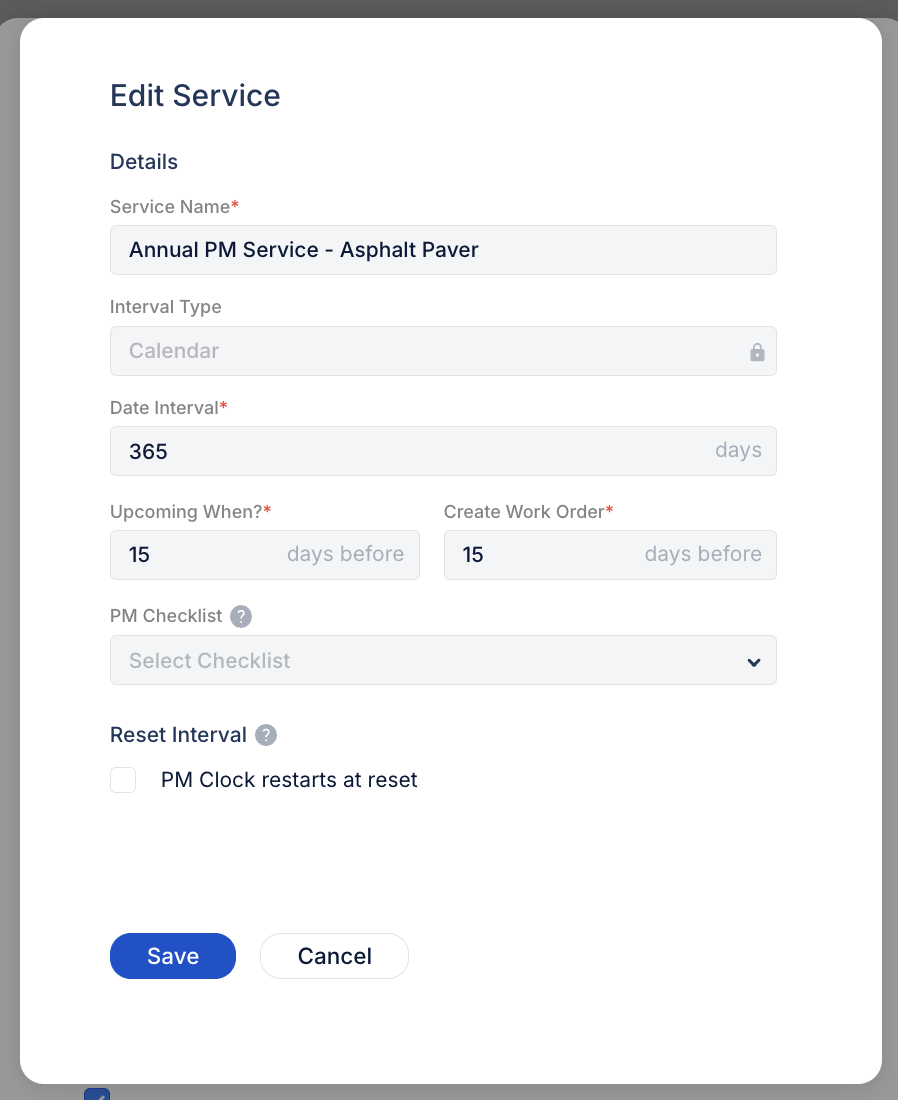 Edit Service dialog for annual calendar-based PM with 365-day interval