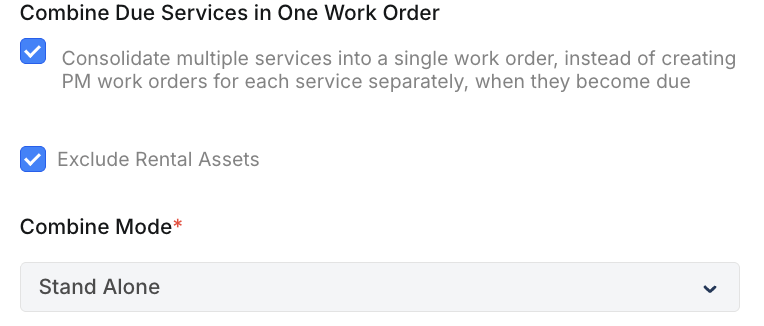 Combine Due Services checkbox with Exclude Rental Assets option and Combine Mode