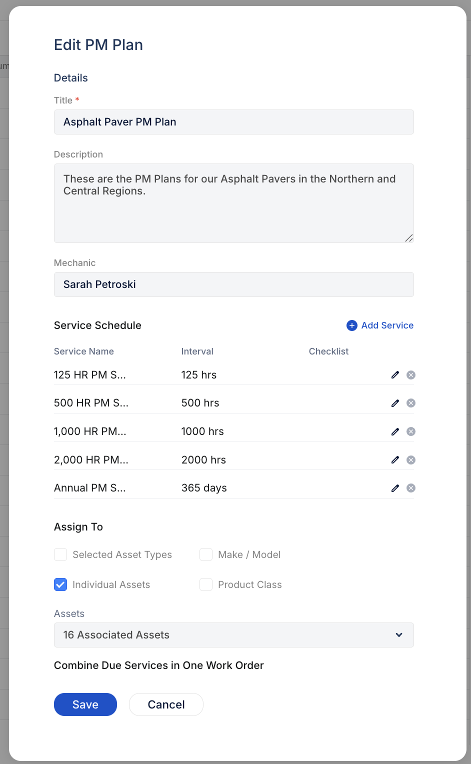 PM Plan showing service schedule with 125hr, 500hr, 1000hr, 2000hr, and annual services