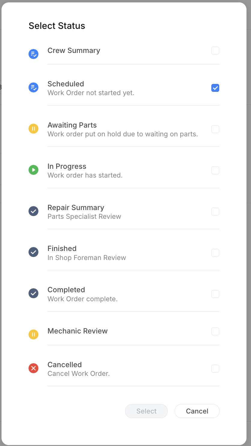 Select Status dialog showing all WO statuses from Crew Summary to Cancelled