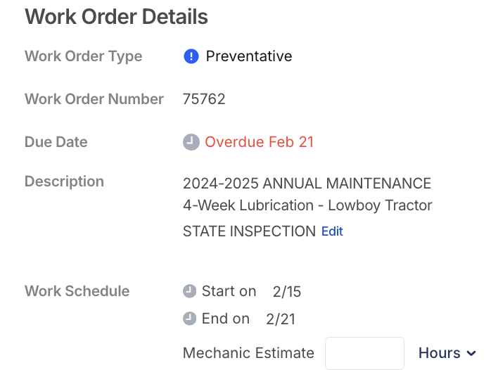 Work Order Details showing Work Schedule with Start On, End On dates and Mechanic Estimate