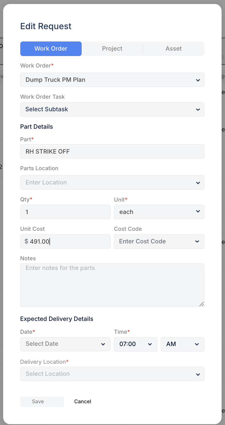 Edit Request form showing part details, quantity, cost, and delivery information