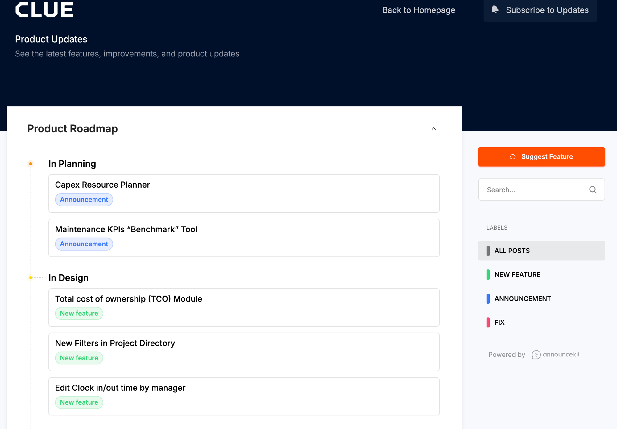 Product Updates page showing roadmap with In Planning and In Design sections