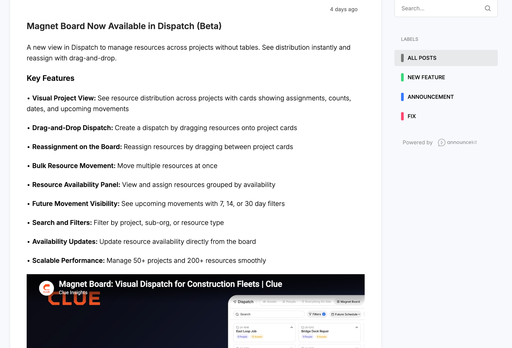 Product update detail showing Magnet Board feature with key capabilities