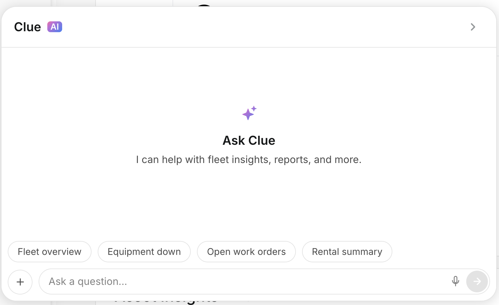 Clue AI assistant showing Ask Clue interface with quick action buttons