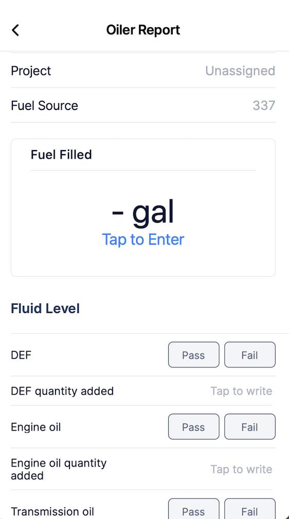 Fuel report form showing asset details and Fuel Filled entry