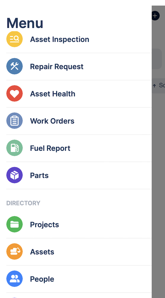 Mobile app menu showing Fuel Report option