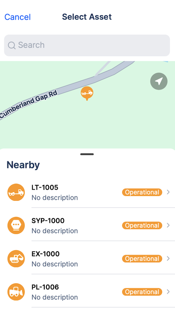 Select Asset screen with map showing nearby assets and list below