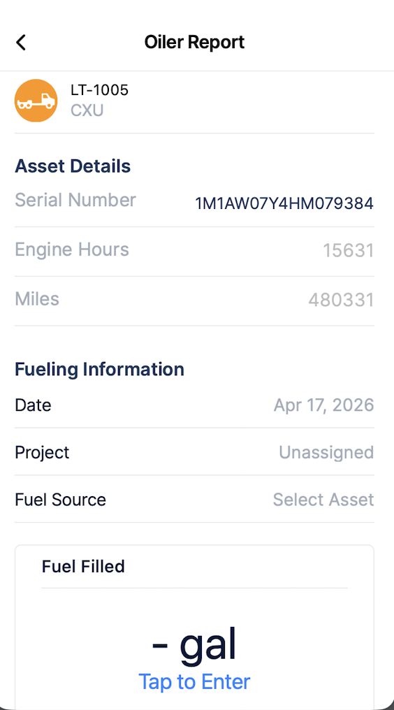 Oiler Report showing asset details, fueling information, and Fuel Filled entry