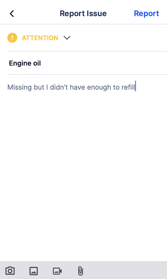 Report Issue screen with severity selector, description, and photo/video attachment options