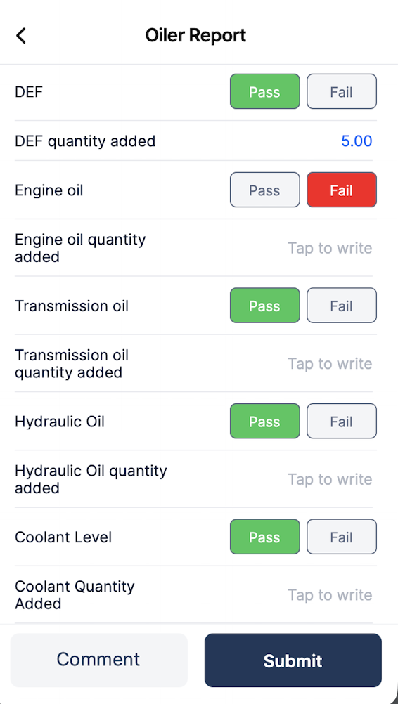 Confirm Report showing Inspection Summary with 4 Pass and 1 Fail, and new Engine oil issue