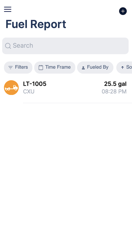 Fuel Report list showing LT-1005 with 25.5 gal at 08:28 PM