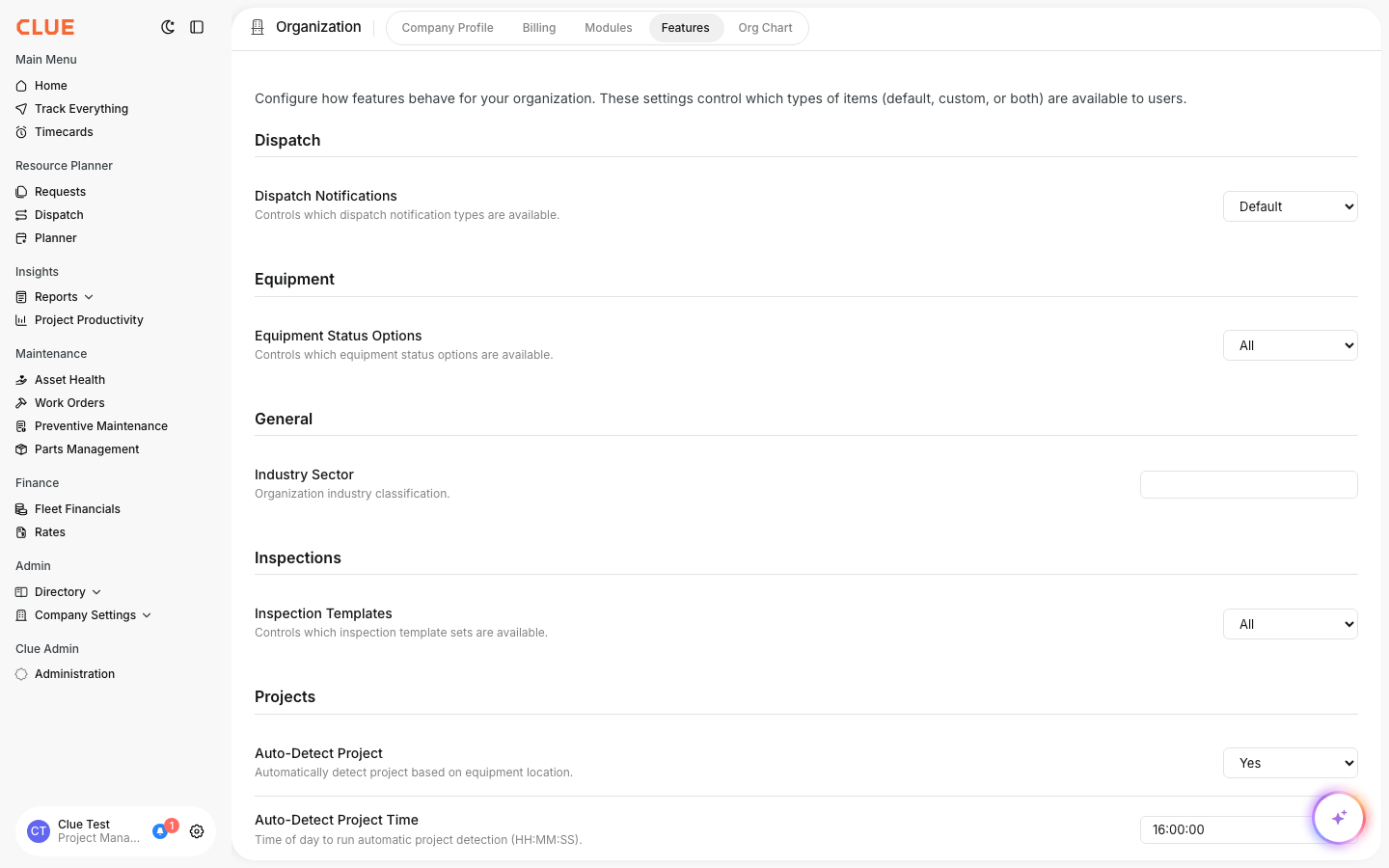 Features page showing configuration options for Dispatch, Equipment, Inspections, and Projects