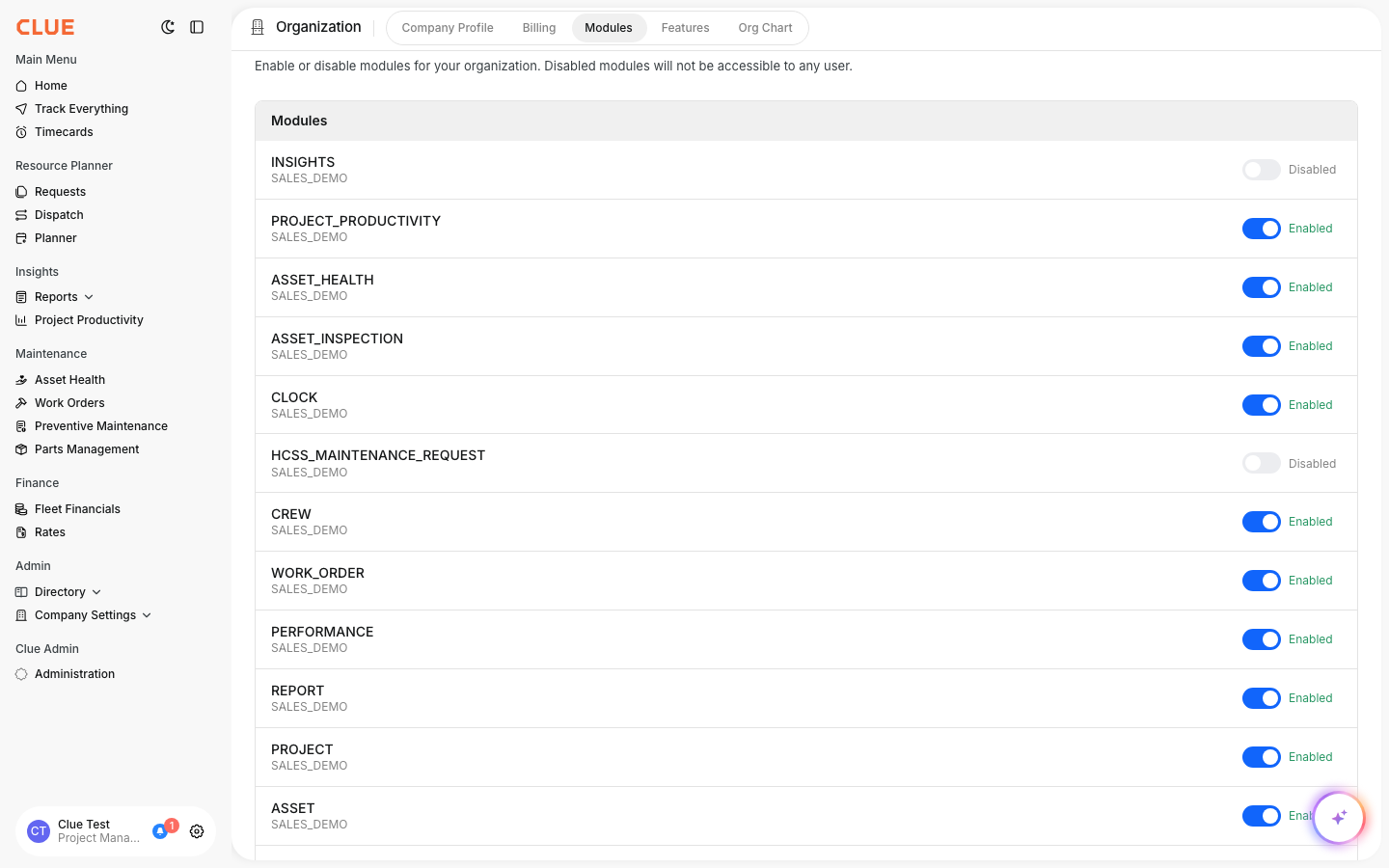 Modules page showing toggle switches for each module like Work Orders, Asset Health, Inspections