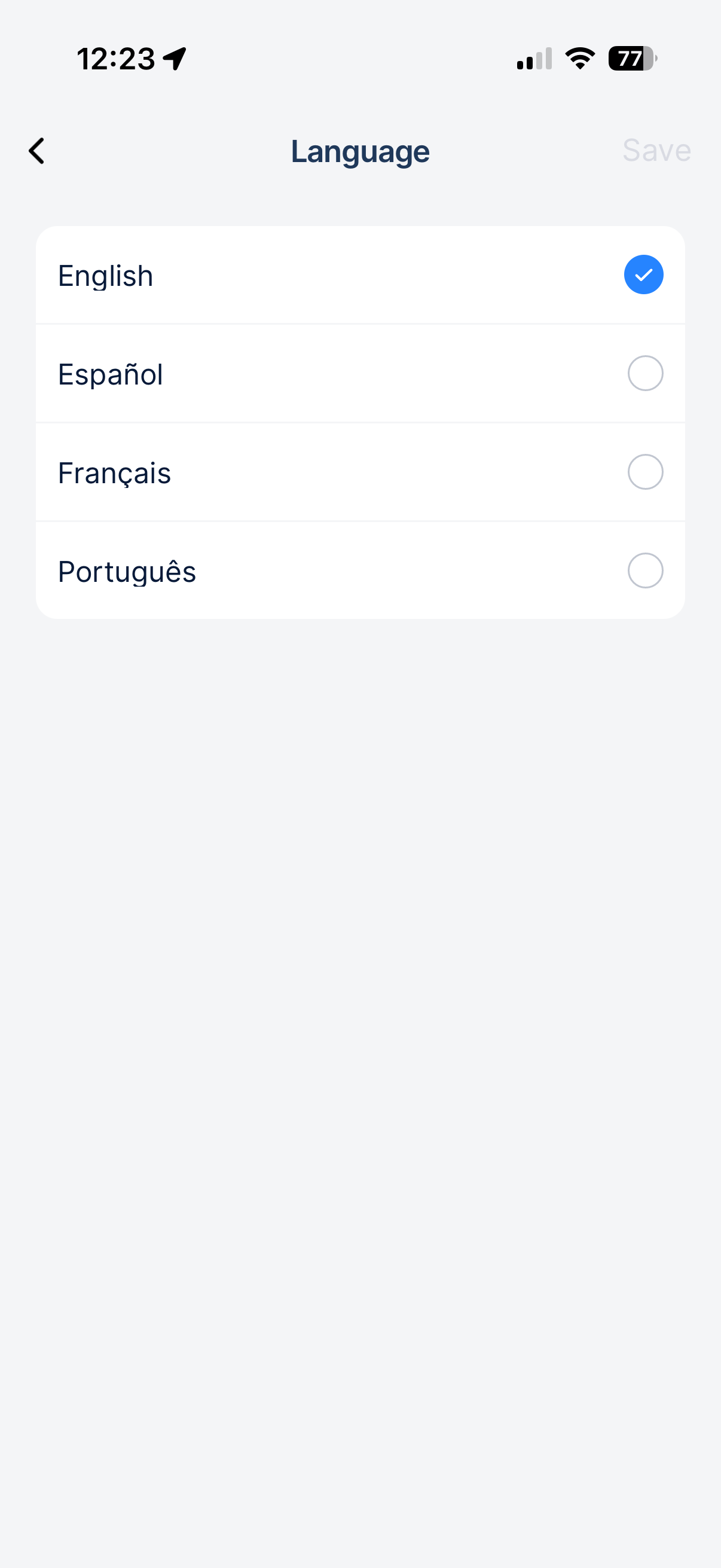 Language selector showing English, Espanol, Francais, and Portugues