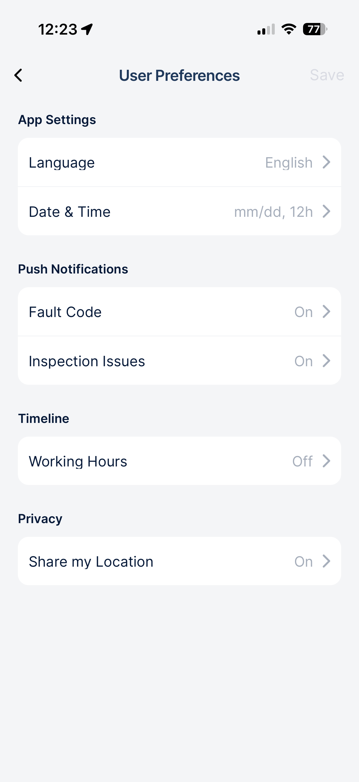 User Preferences screen showing Language set to English