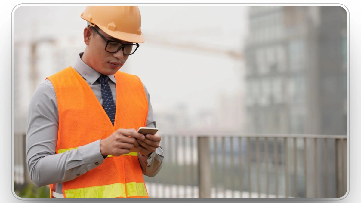 Worker using smartphone to monitor construction equipment.