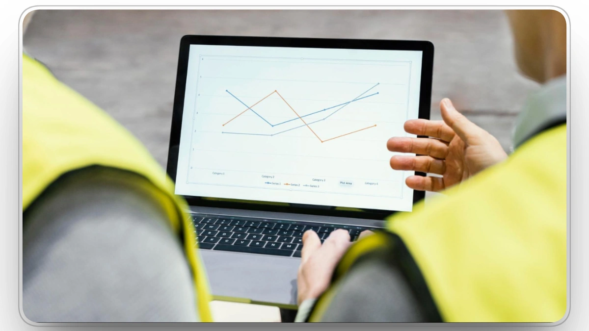 Construction team reviewing performance metrics on a laptop.