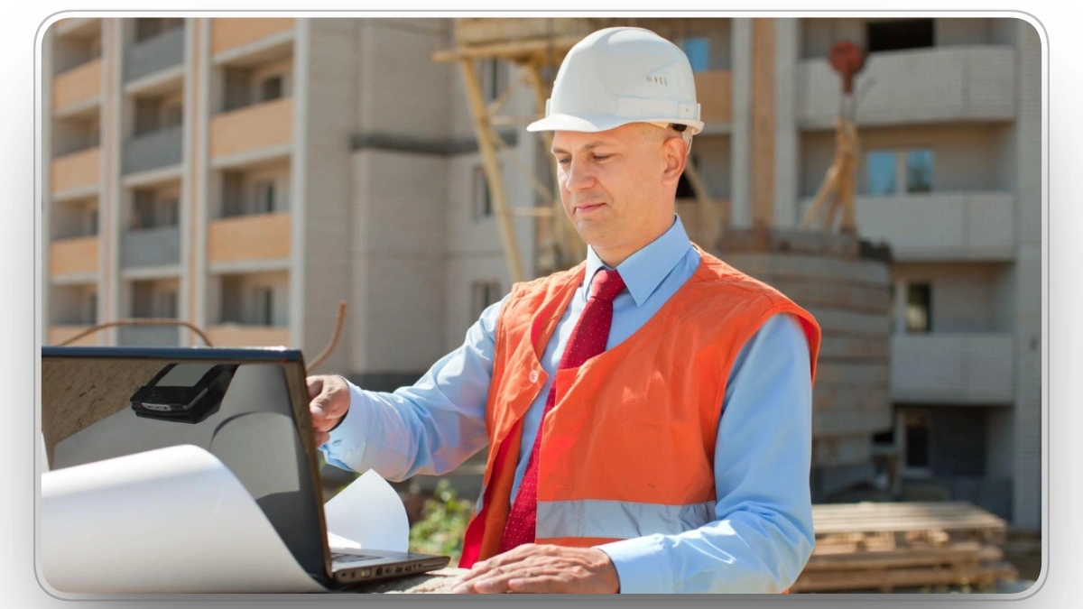 Project manager reviewing construction plans with a laptop on site.