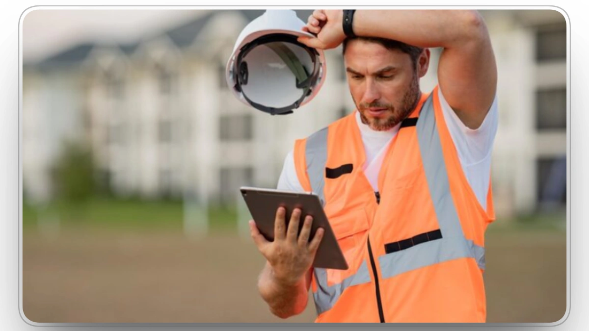 Worker using tablet to check construction project details on site.