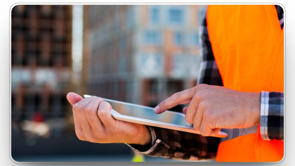 Worker operating tablet on a construction site to manage tasks.