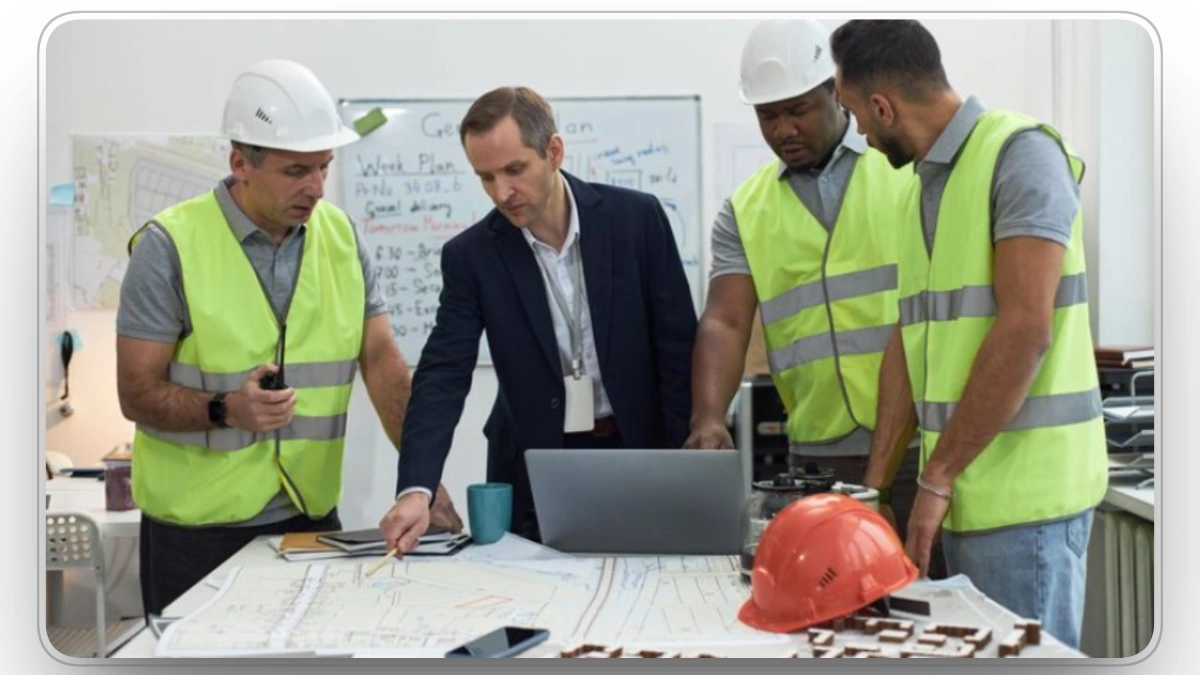 Supervisor on a construction site managing equipment maintenance.