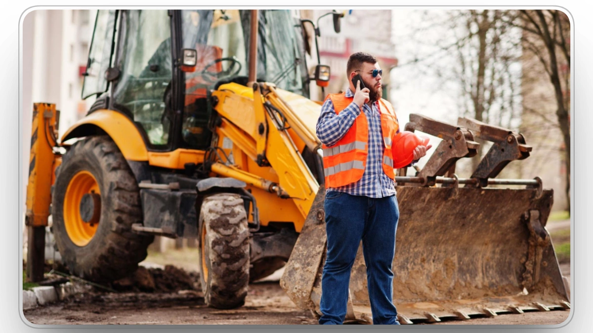Construction worker talking on the phone next to a backhoe loader.
