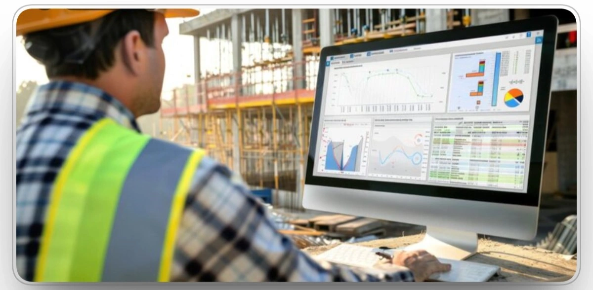 Construction worker analyzing equipment data on a computer.
