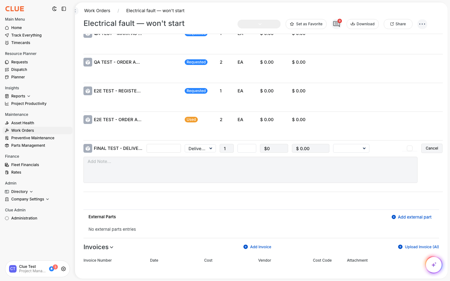 Work order parts section in edit mode showing status dropdown for a Delivered part