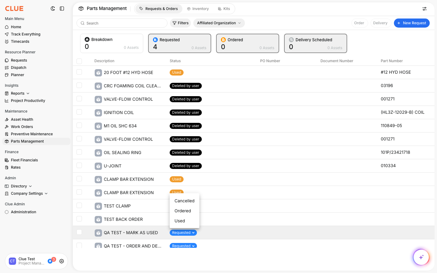 Parts Management table showing status dropdown with Cancelled, Ordered, and Used options for a Requested part
