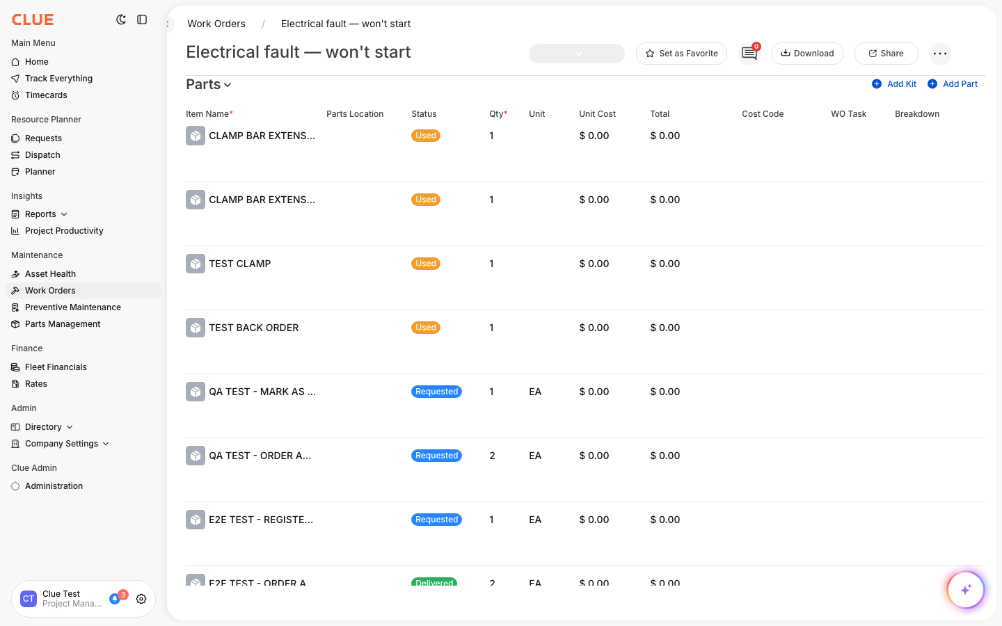 Work order parts section showing multiple parts with their status badges: Requested, Used, and Delivered