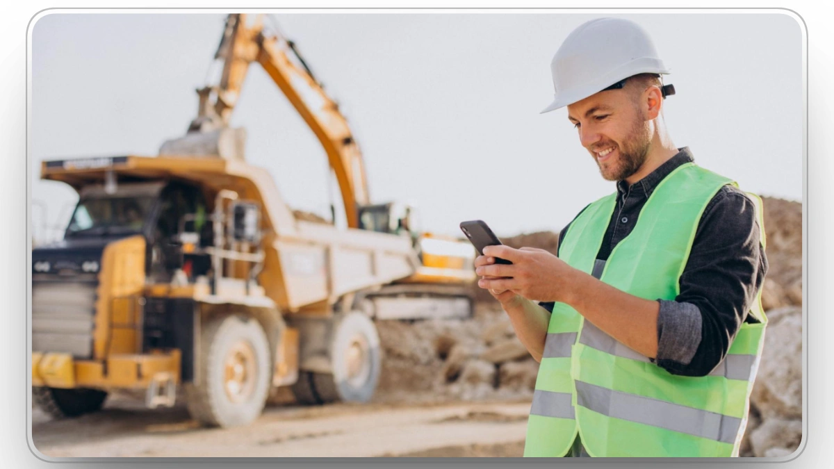 Construction worker using mobile device to manage fleet assets.