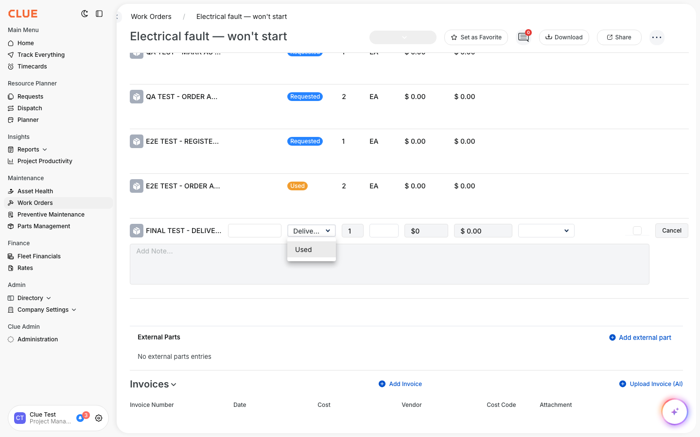 Work order edit mode with status dropdown open showing Used option for a Delivered part