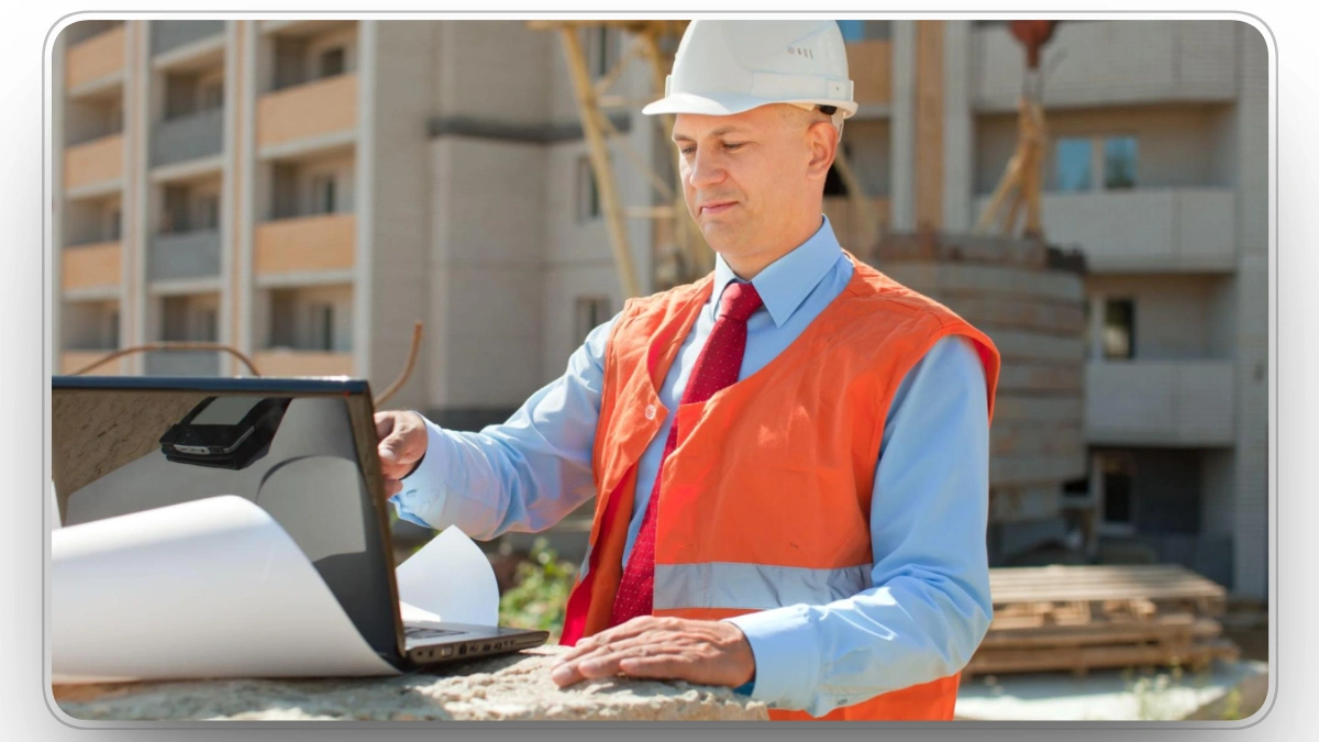 Construction manager reviewing plans on-site with laptop