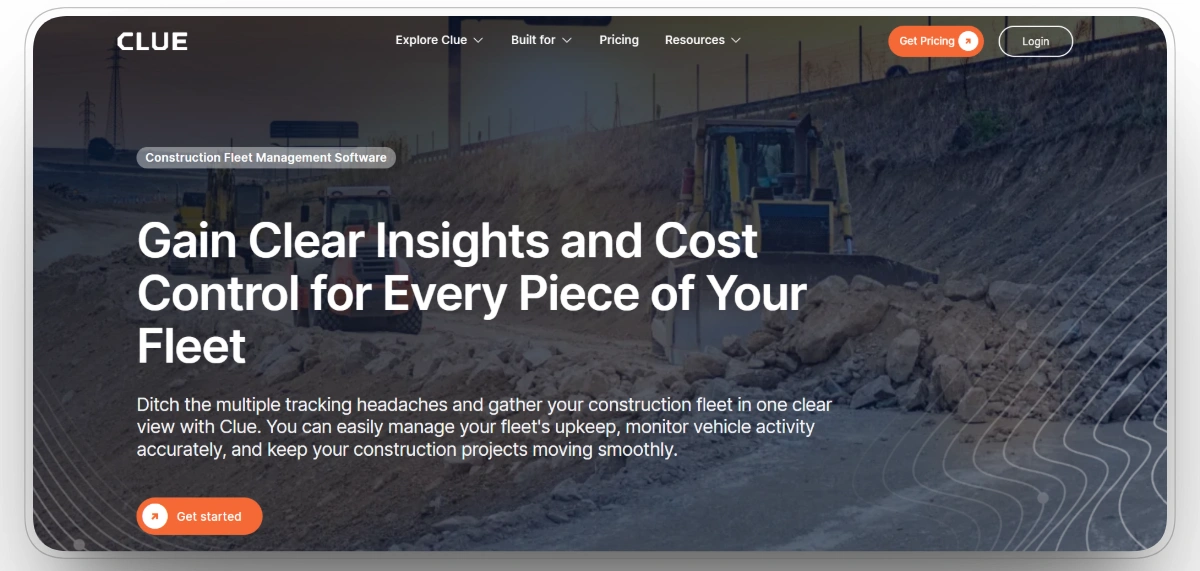 Construction site with heavy equipment, highlighting fleet management software