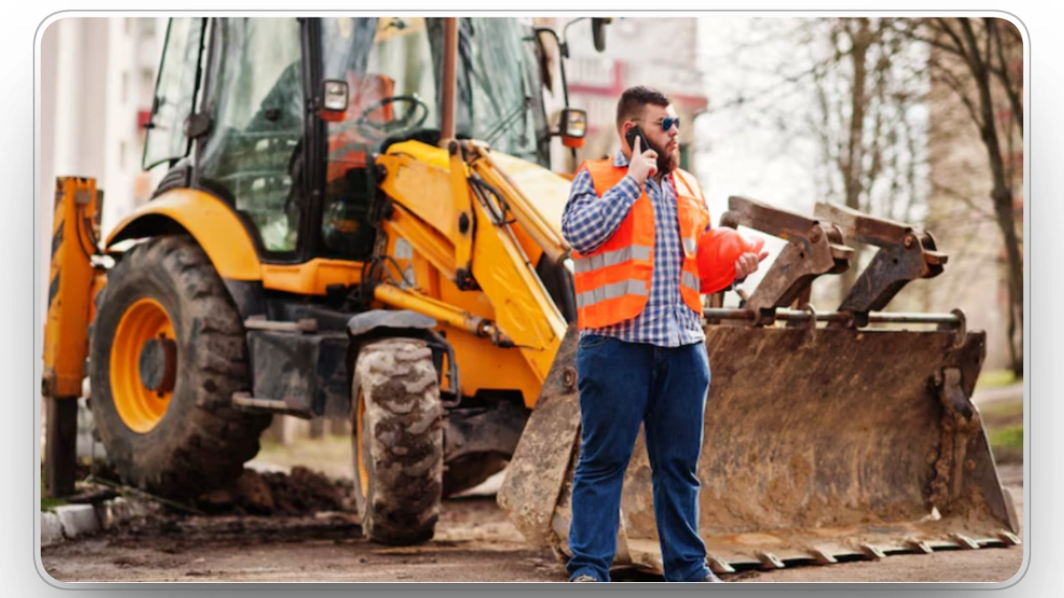 Manager inspecting loader as part of construction equipment management