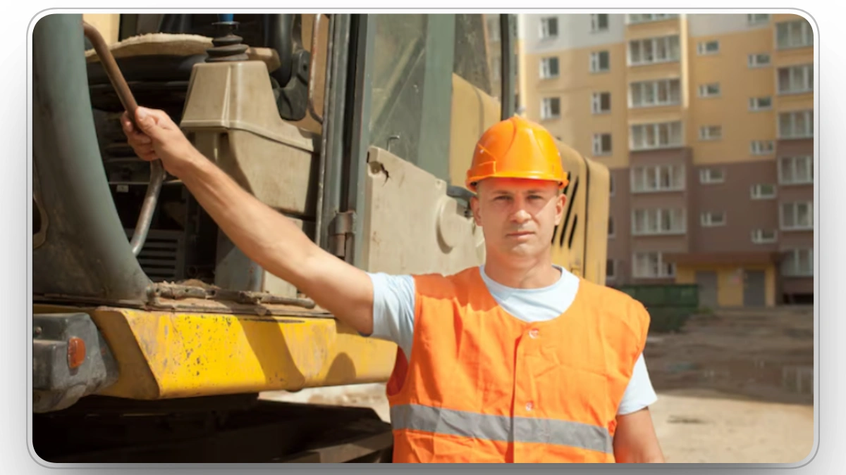 Worker inspecting heavy equipment for construction equipment management
