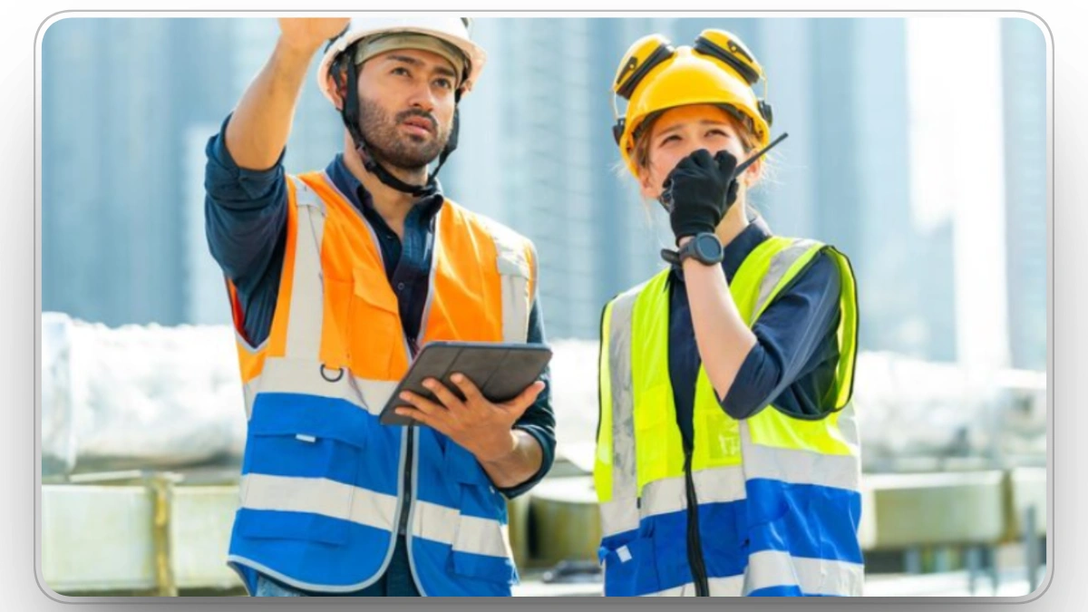 Supervisors using tablet and radio to manage equipment on site