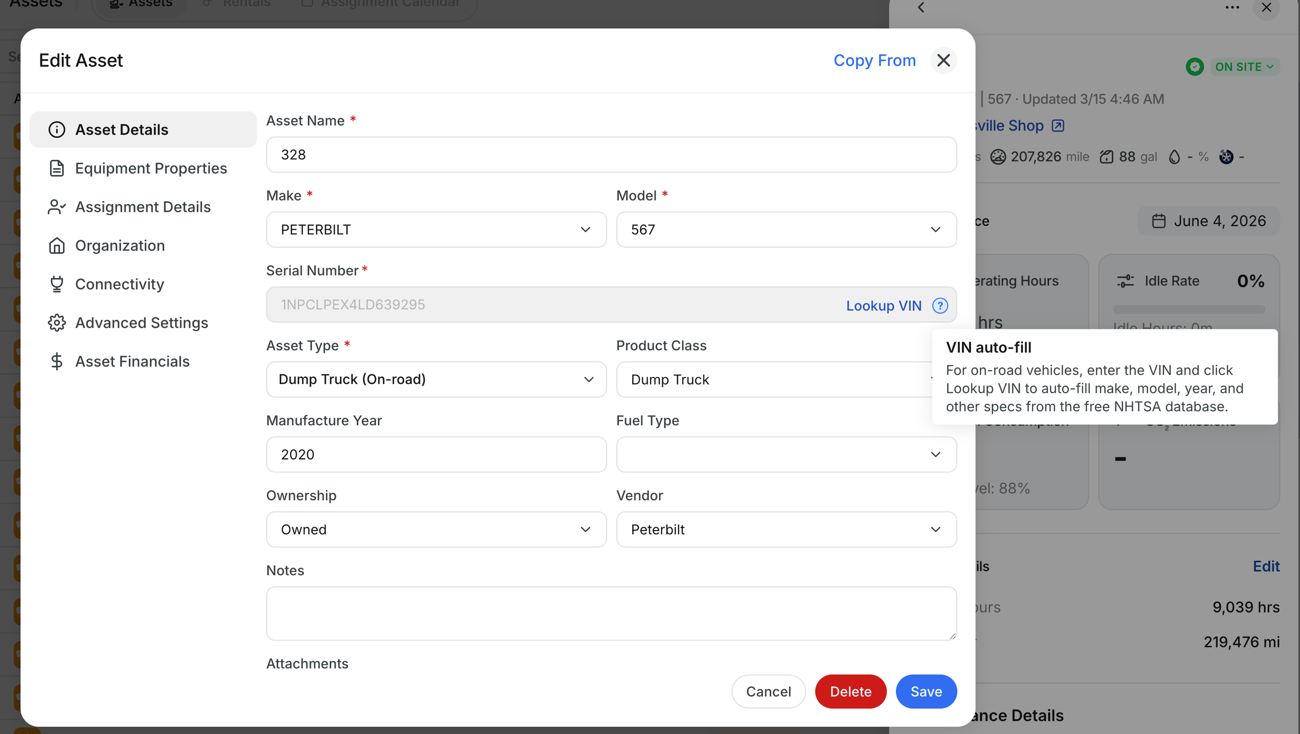 Edit Asset modal showing the Lookup VIN button next to the Serial Number field with the VIN auto-fill tooltip open
