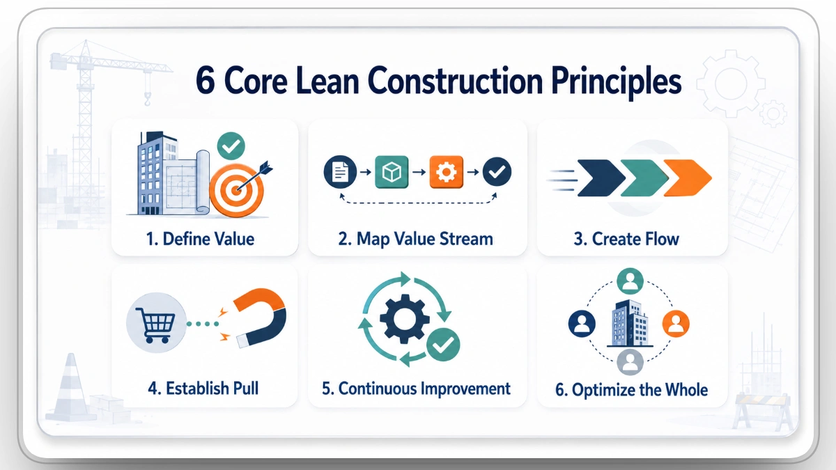 Six core lean construction principles shown in an infographic