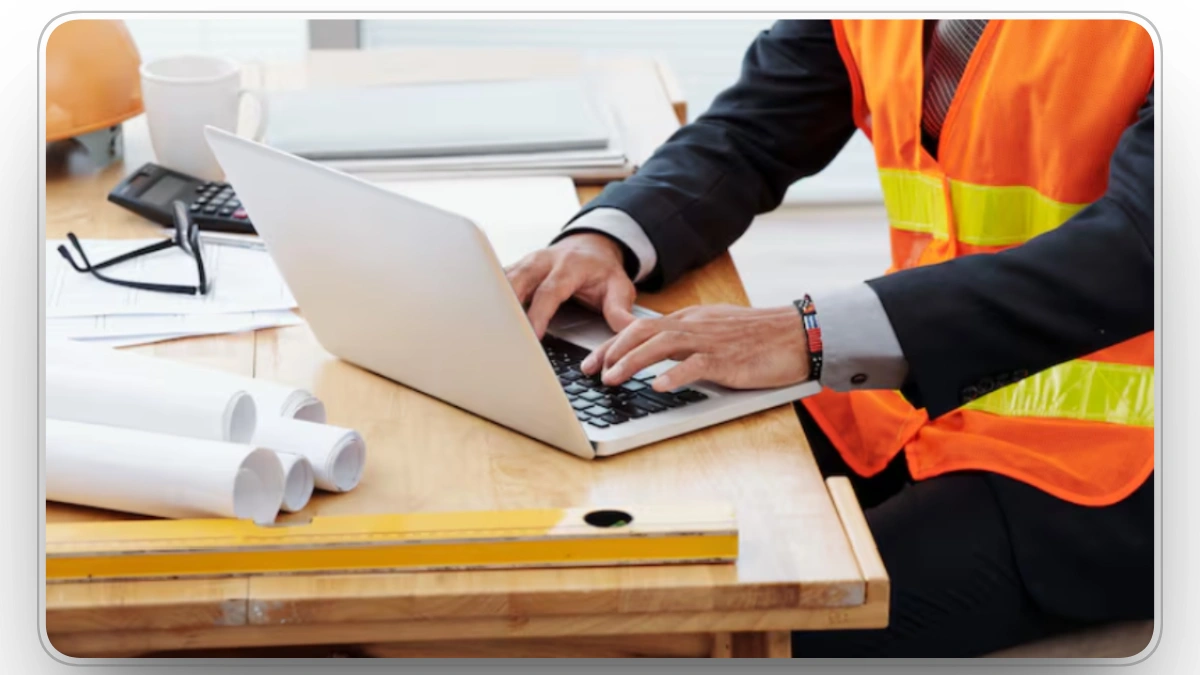 Construction professional using laptop for lean project planning