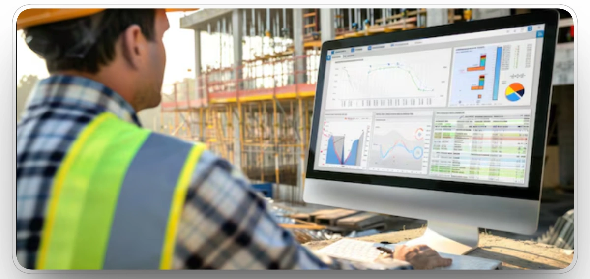 Worker reviewing lean construction dashboard on a jobsite