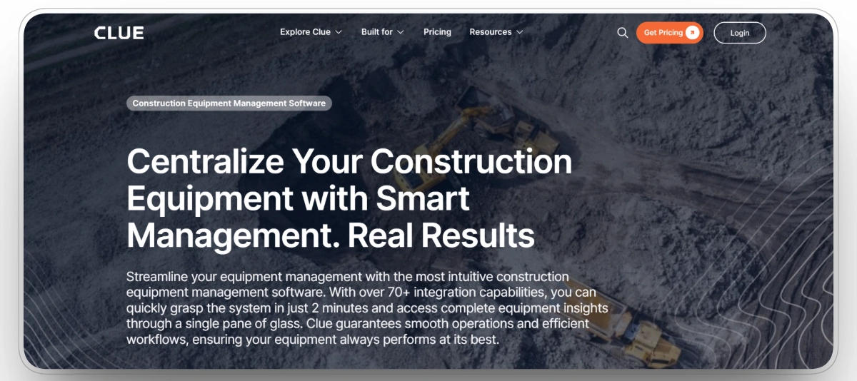 Clue construction equipment management software homepage hero section