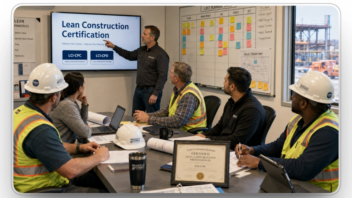 Team learning lean construction certification in a site office