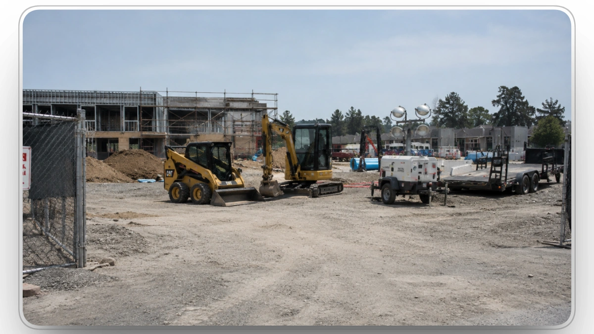 Secured construction site with heavy equipment inside fenced perimeter